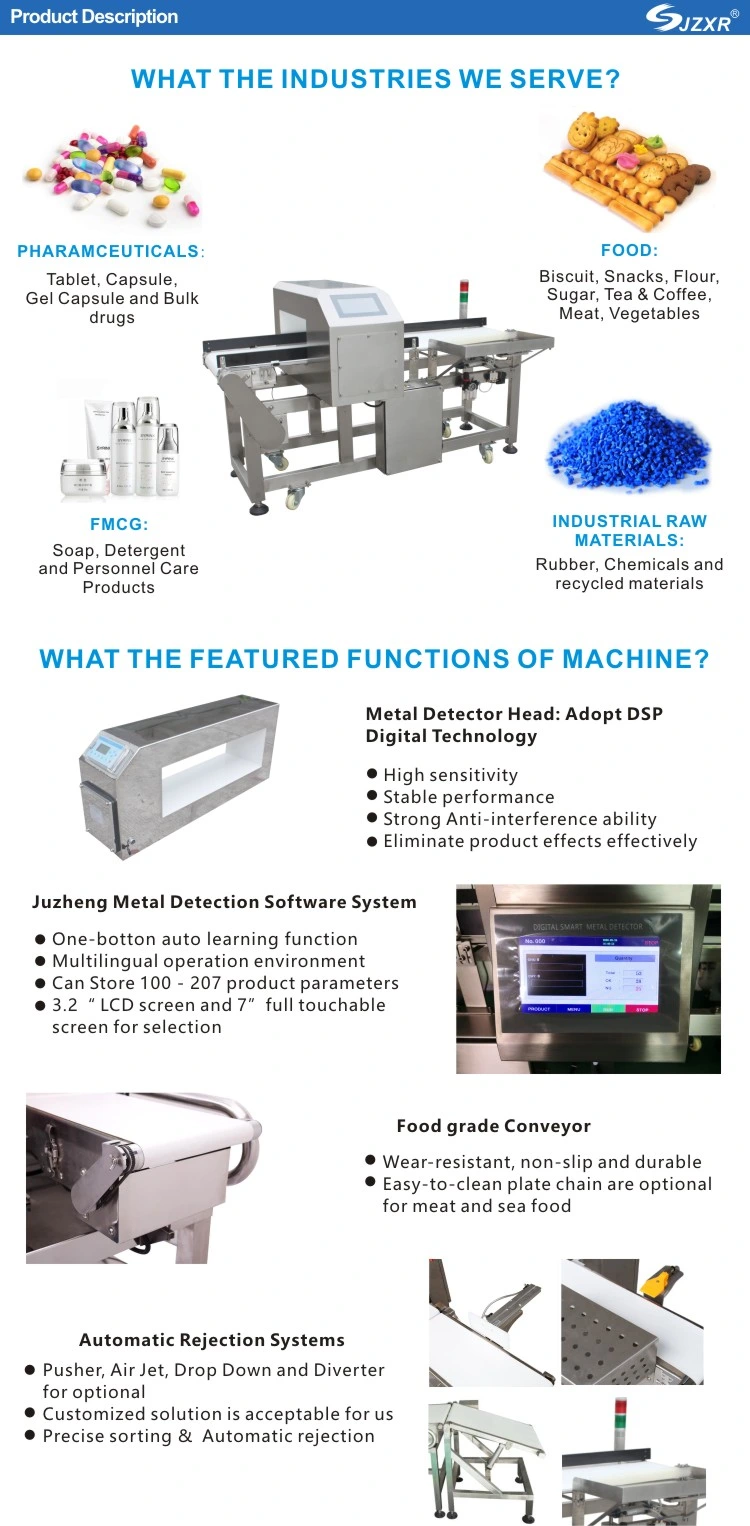 Juzheng High Accuracy Touch Screen Conveyor Industrial Metal Detector for Food Safety